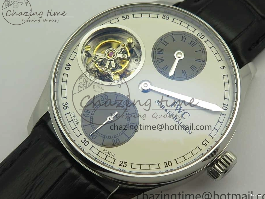 MIROTIME 0426 Upgraded Portuguese Flying Tourbillon SS White Dial 2 Sub Dials on Black Leather Strap 7161